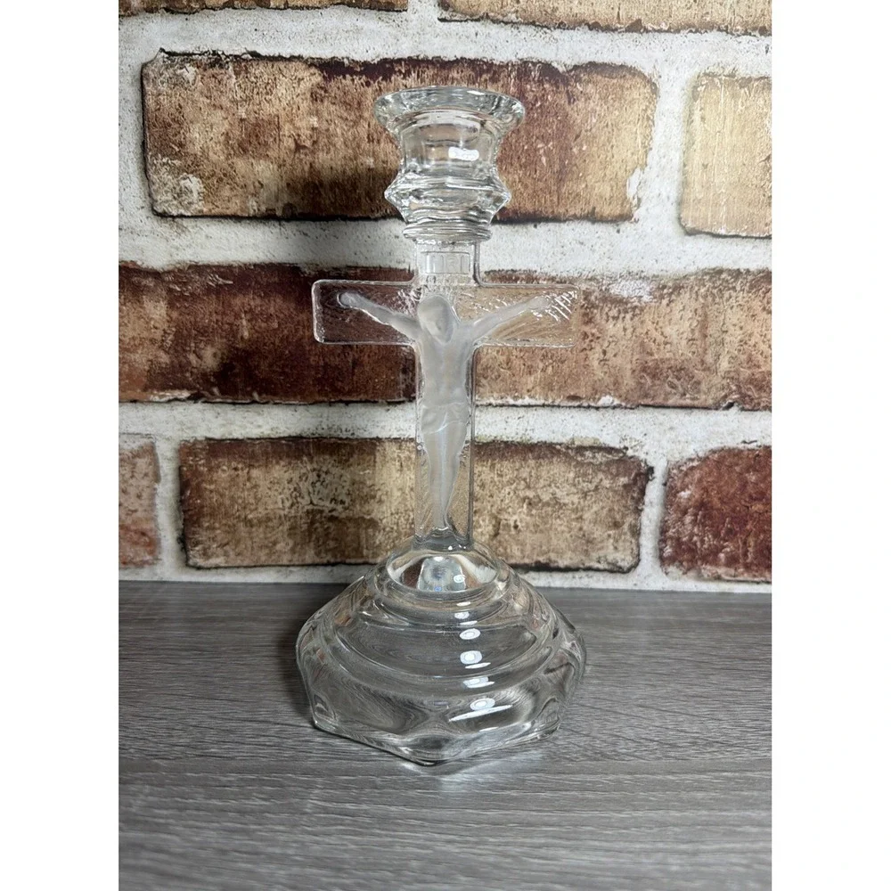 Vintage INRI Clear Glass Crucifix Jesus Christ Cross‎ Candle Holder 7.5